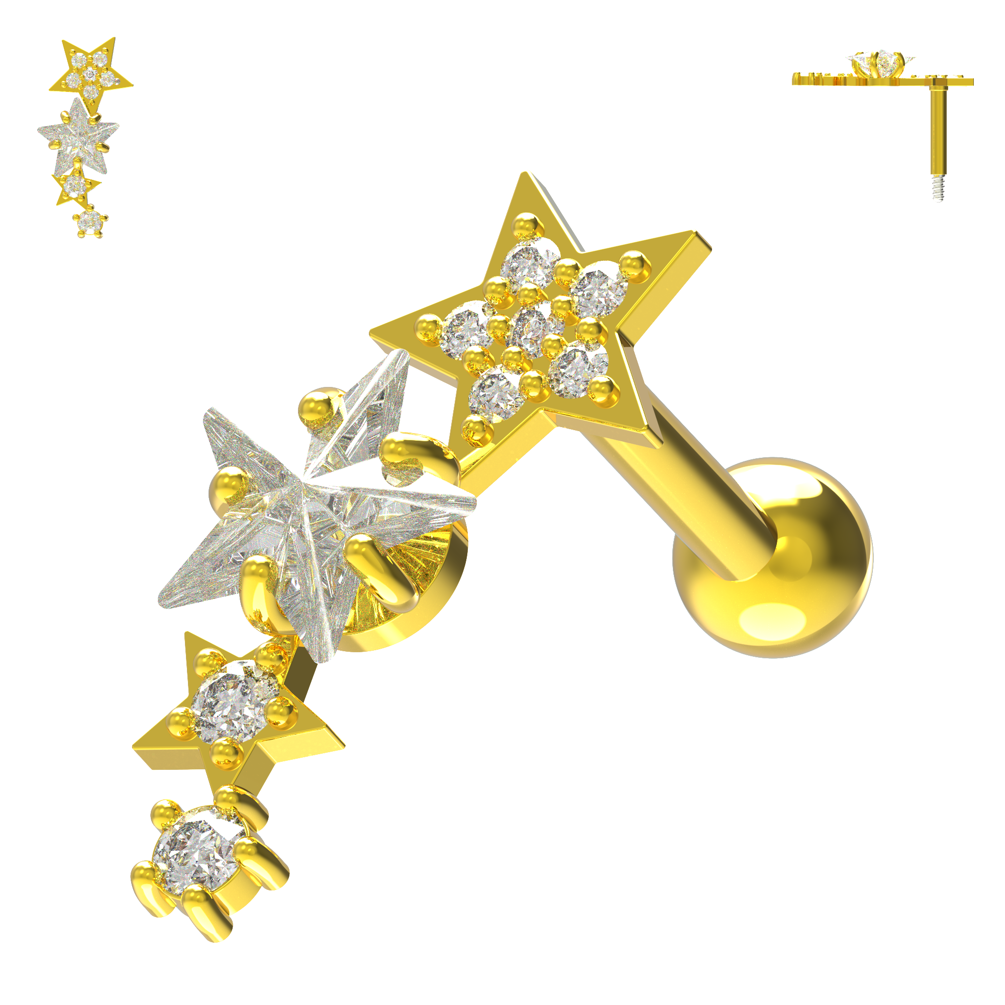 925 Sterling Silver Sparkling Stars Cartilage Stud - Monster Piercing
