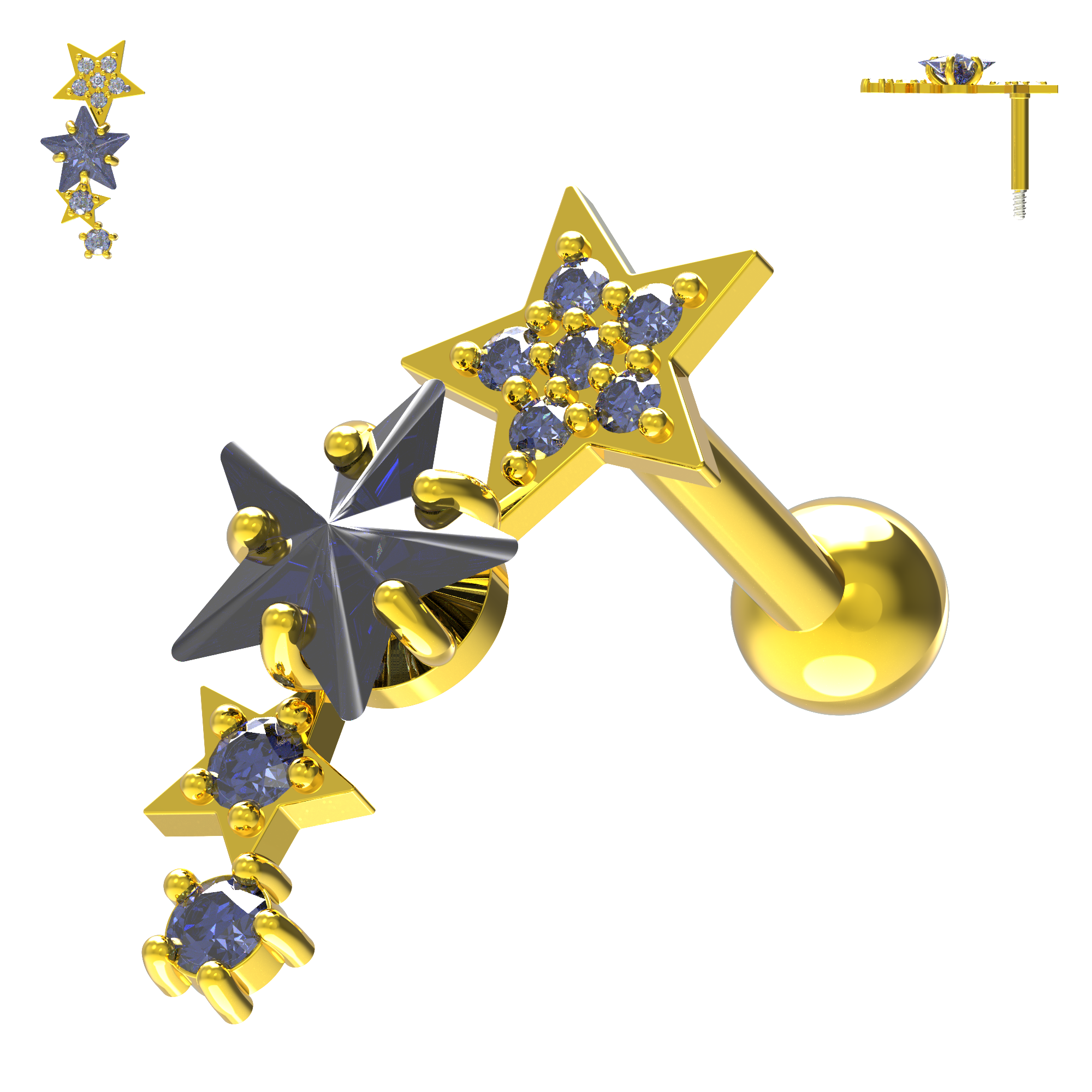 925 Sterling Silver Sparkling Stars Cartilage Stud - Monster Piercing