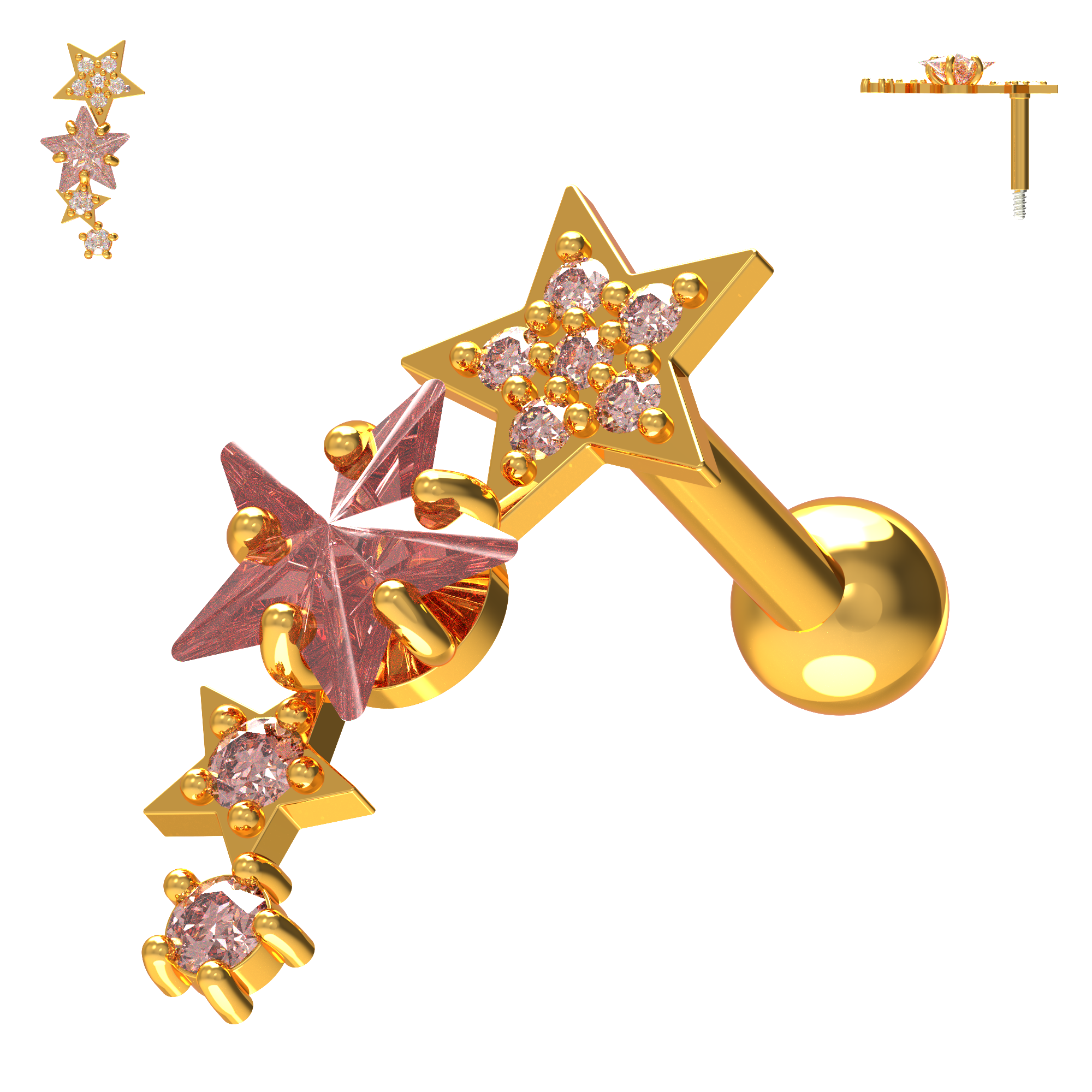 925 Sterling Silver Sparkling Stars Cartilage Stud - Monster Piercing
