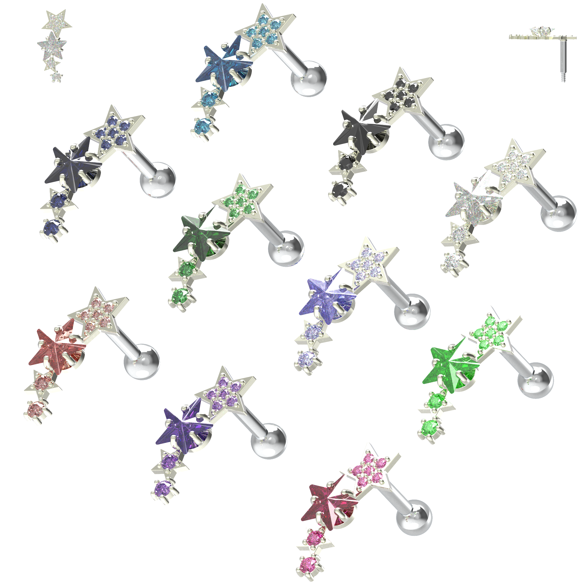 925 Sterling Silver Sparkling Stars Cartilage Stud - Monster Piercing