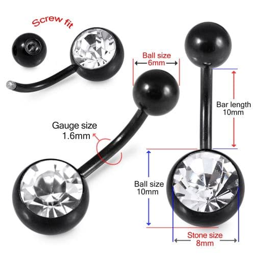 316L Surgical Steel Black Cubic Zirconia Studded Belly Ring - Monster Piercing