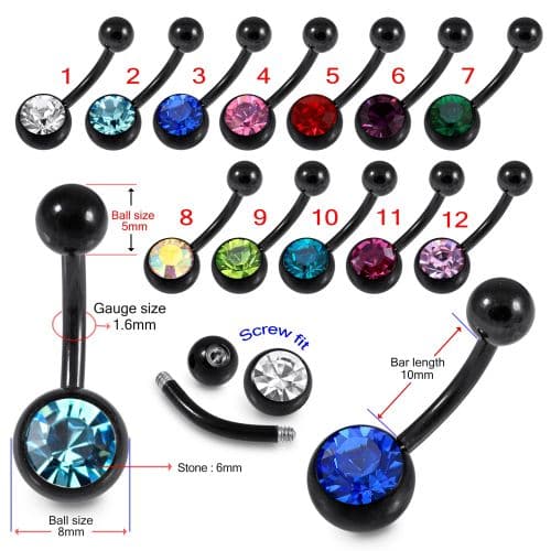 316L Surgical Steel Black Cubic Zirconia Studded Belly Ring - Monster Piercing