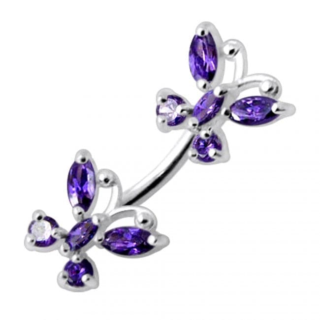 925 Sterling Silver Jewelled Butterflies Spinal Belly Ring - Monster Piercing