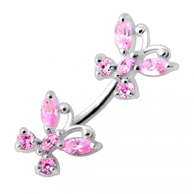 925 Sterling Silver Jewelled Butterflies Spinal Belly Ring - Monster Piercing