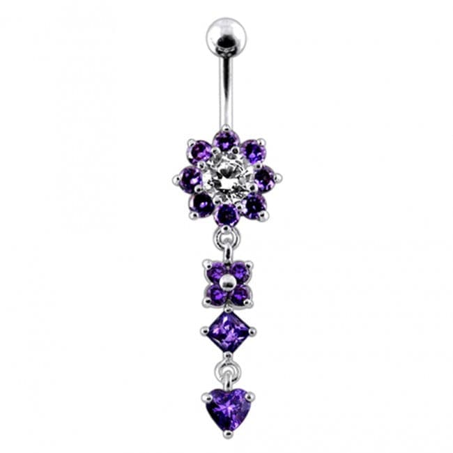 Silver Flower Jewelled Dangling 316L SS Curved Belly Ring - Monster Piercing