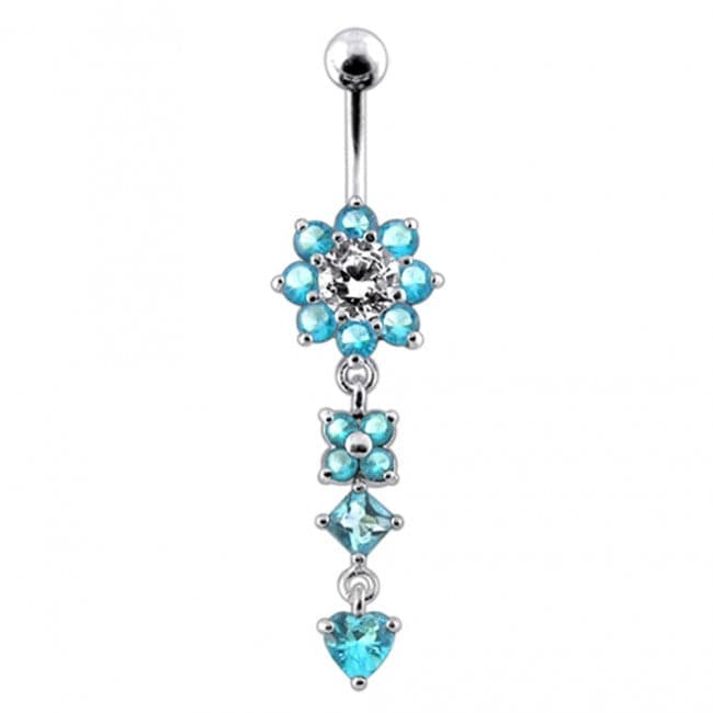 Silver Flower Jewelled Dangling 316L SS Curved Belly Ring - Monster Piercing