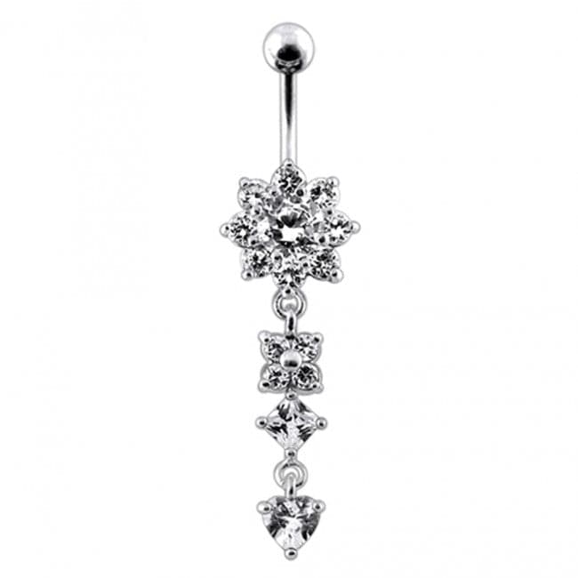 Silver Flower Jewelled Dangling 316L SS Curved Belly Ring - Monster Piercing