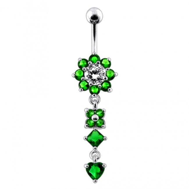 Silver Flower Jewelled Dangling 316L SS Curved Belly Ring - Monster Piercing