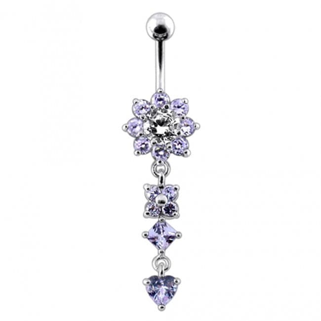 Silver Flower Jewelled Dangling 316L SS Curved Belly Ring - Monster Piercing