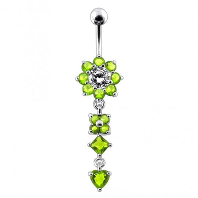 Silver Flower Jewelled Dangling 316L SS Curved Belly Ring - Monster Piercing