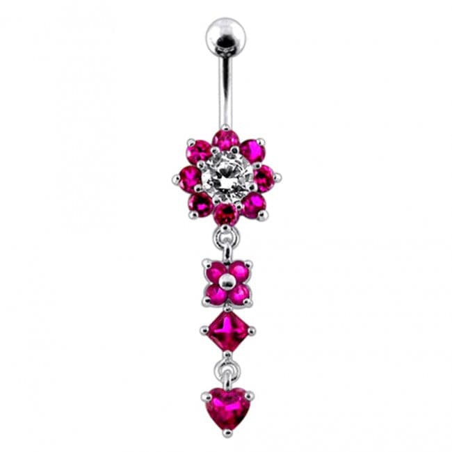 Silver Flower Jewelled Dangling 316L SS Curved Belly Ring - Monster Piercing
