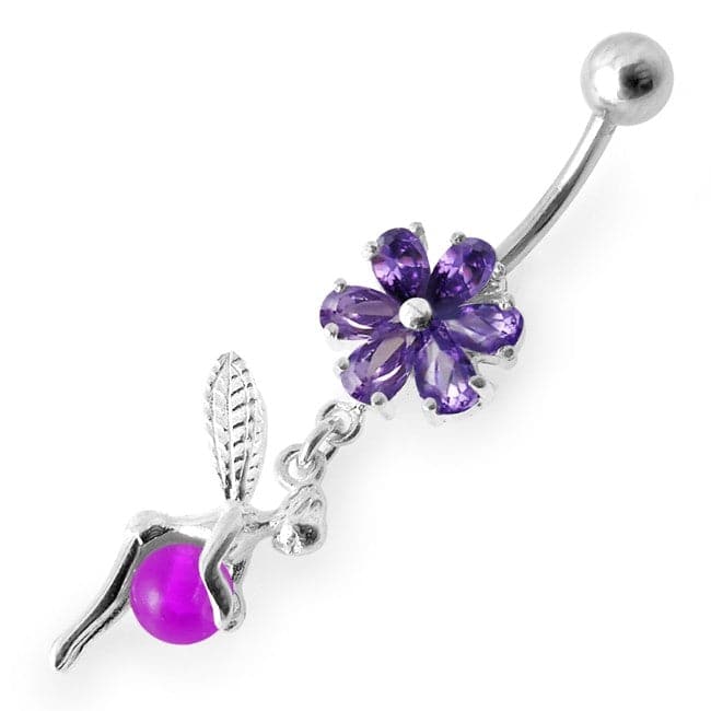 925 Sterling Silver Daisy Angel & Ball Jewelled Belly Ring - Monster Piercing