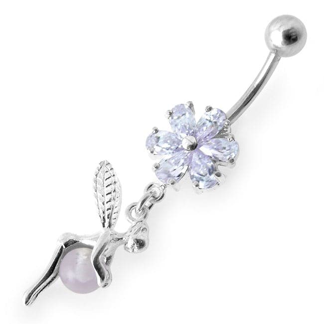 925 Sterling Silver Daisy Angel & Ball Jewelled Belly Ring - Monster Piercing