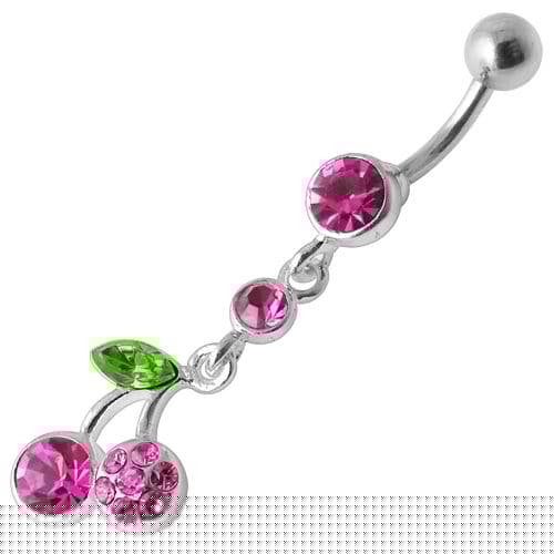 925 Sterling Silver Cherry Jewelled Fancy Dangling Belly Ring - Monster Piercing