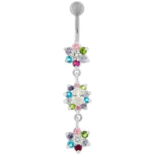 925 Sterling Silver Triple Flowers Jewelled Dangling Belly Ring - Monster Piercing