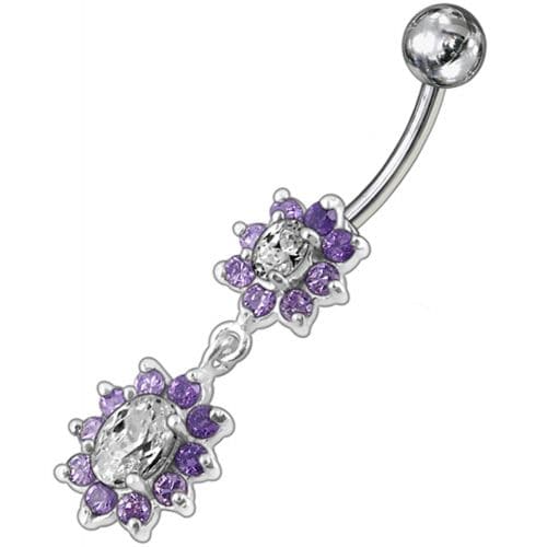 925 Sterling Silver Fancy Double Flowered Dangling Navel Ring - Monster Piercing