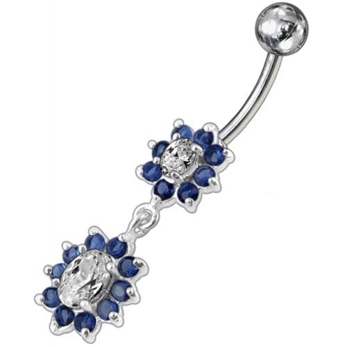 925 Sterling Silver Fancy Double Flowered Dangling Navel Ring - Monster Piercing