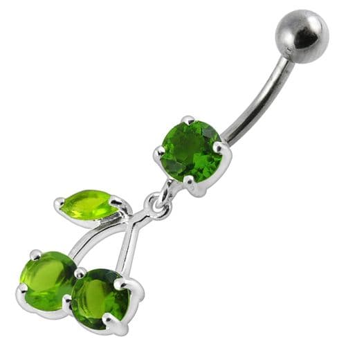 Cherry Jewelled Fancy Silver Dangling Belly Ring With SS Bar - Monster Piercing