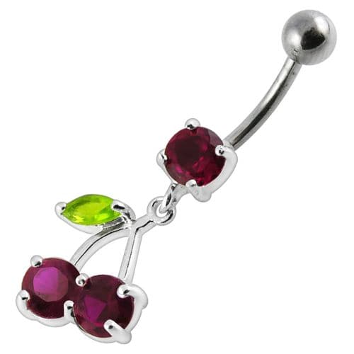 Cherry Jewelled Fancy Silver Dangling Belly Ring With SS Bar - Monster Piercing