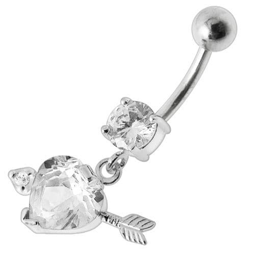 925 Sterling Silver Fancy Jewelled Arrow Heart Dangling Banana Bar Belly Ring - Monster Piercing
