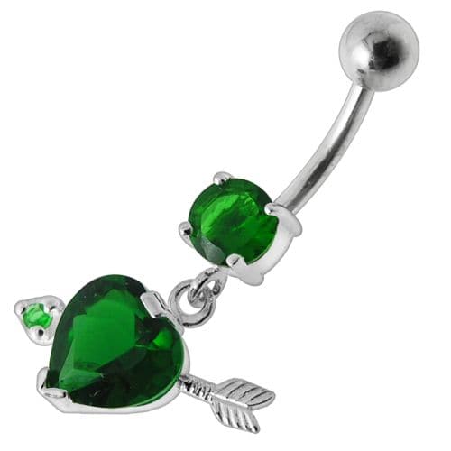 925 Sterling Silver Fancy Jewelled Arrow Heart Dangling Banana Bar Belly Ring - Monster Piercing