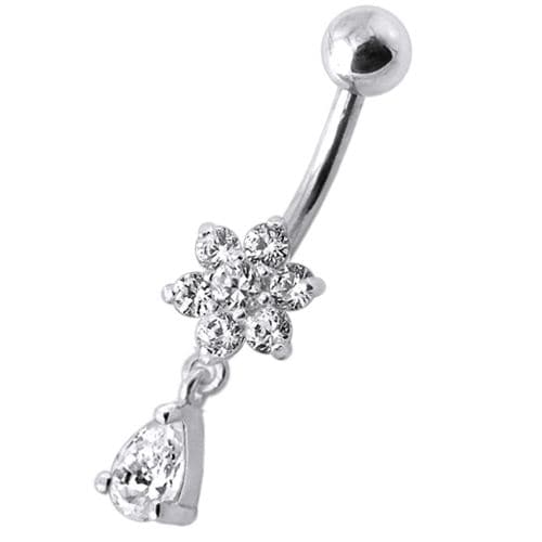 Fancy Flower Silver Dangling With SS Belly Ring - Monster Piercing