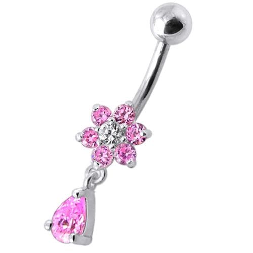 Fancy Flower Silver Dangling With SS Belly Ring - Monster Piercing