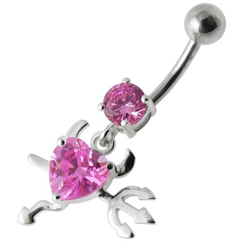 925 Sterling Silver Jewelled Devil heart Dangling Belly Ring - Monster Piercing