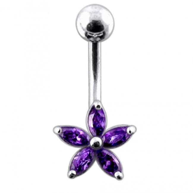 925 Sterling Silver Single Colour Jewelled Flower With SS Curved Banana Belly Ring - Monster Piercing