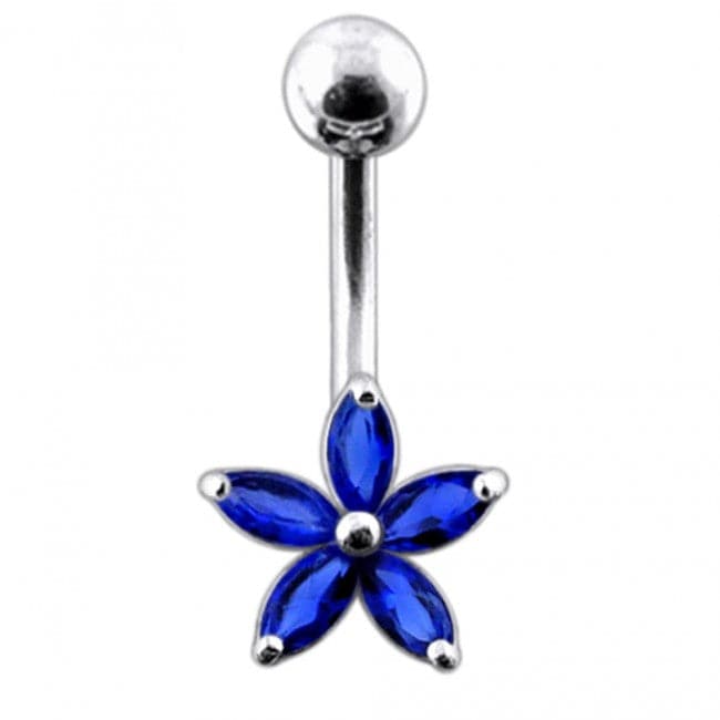 925 Sterling Silver Single Colour Jewelled Flower With SS Curved Banana Belly Ring - Monster Piercing