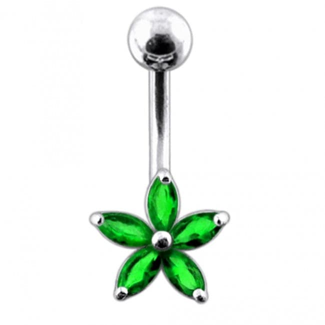 925 Sterling Silver Single Colour Jewelled Flower With SS Curved Banana Belly Ring - Monster Piercing