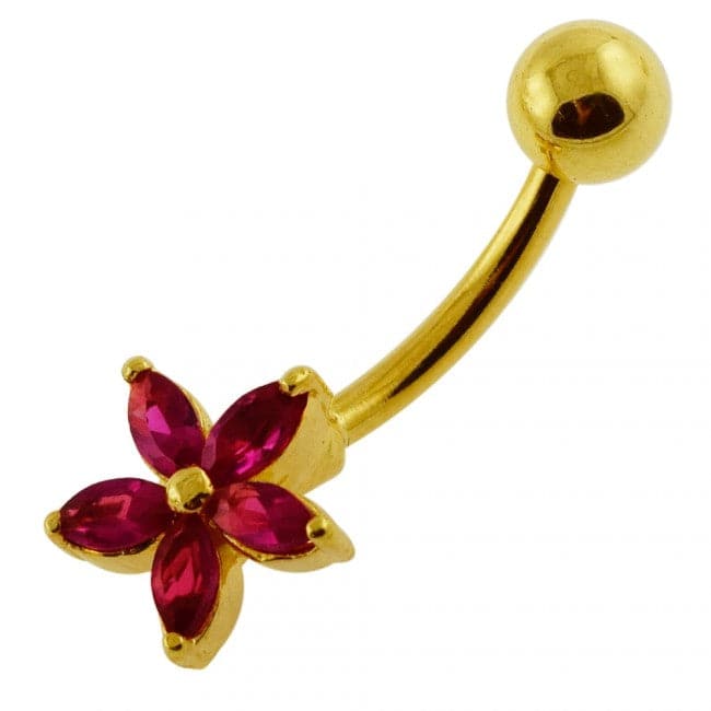 925 Sterling Silver Single Colour Jewelled Flower With SS Curved Banana Belly Ring - Monster Piercing
