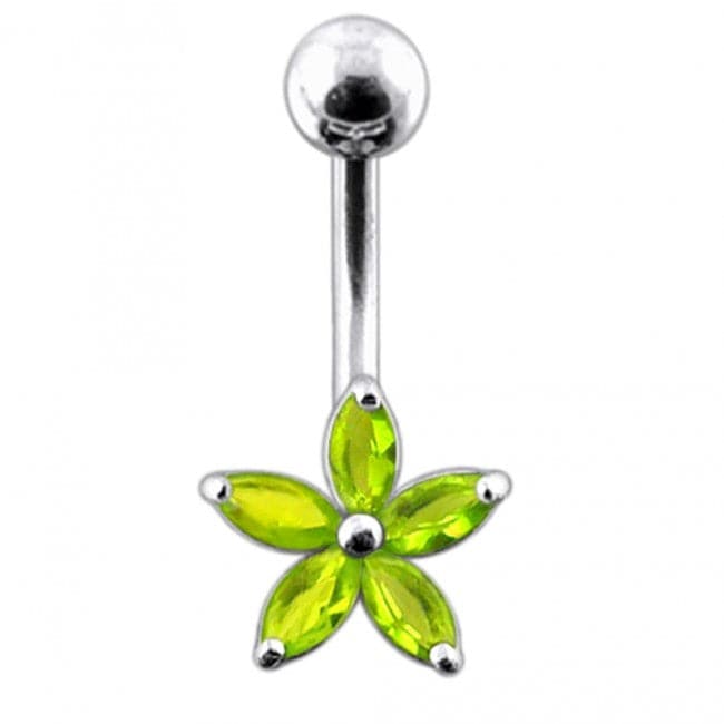 925 Sterling Silver Single Colour Jewelled Flower With SS Curved Banana Belly Ring - Monster Piercing
