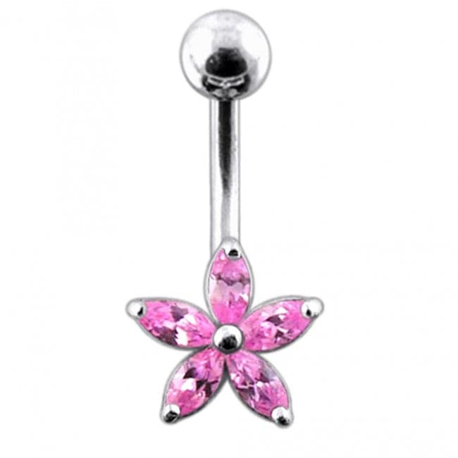 925 Sterling Silver Single Colour Jewelled Flower With SS Curved Banana Belly Ring - Monster Piercing