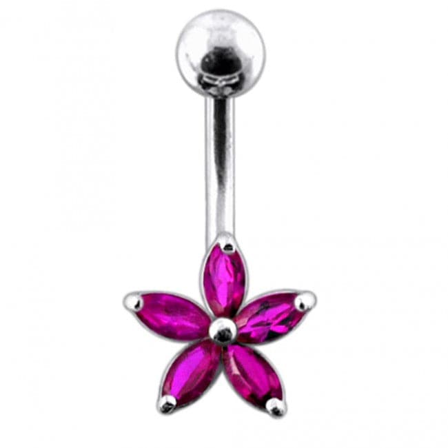 925 Sterling Silver Single Colour Jewelled Flower With SS Curved Banana Belly Ring - Monster Piercing