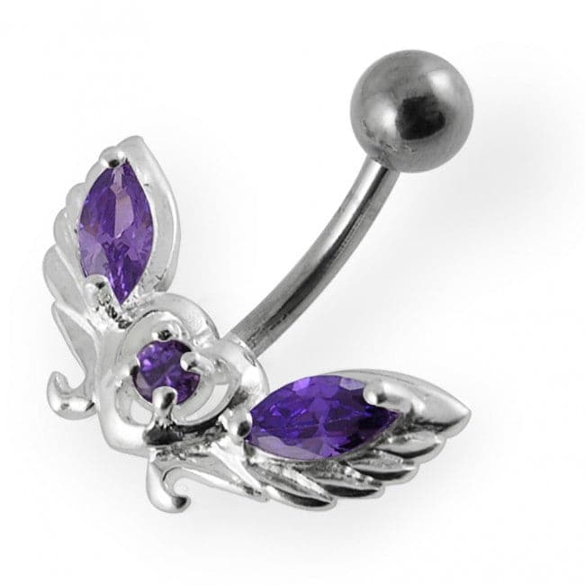 Jewelled wings with Heart Non-Moving Belly Ring - Monster Piercing