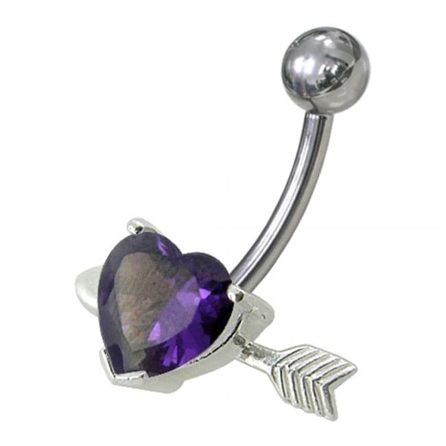 925 Sterling Silver Fancy Heart with Arrow Jewelled Non-Moving Belly Ring - Monster Piercing