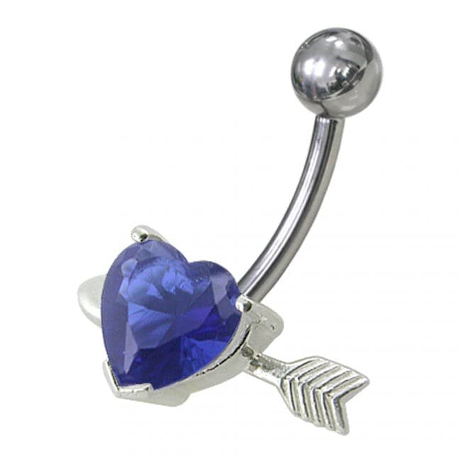 925 Sterling Silver Fancy Heart with Arrow Jewelled Non-Moving Belly Ring - Monster Piercing