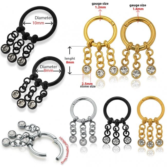 316L Surgical Steel 3 CZ Stones Dangling Hinged Segment Clicker Ring - Monster Piercing