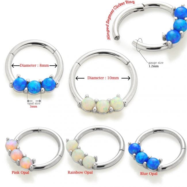 316L Surgical Steel Triple Opal Studded Hinged Segment Clicker Ring - Monster Piercing