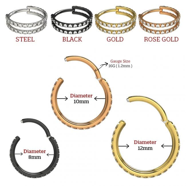 316L Surgical Steel Double Line Jewelled Hinged Segment Clicker Ring - Monster Piercing