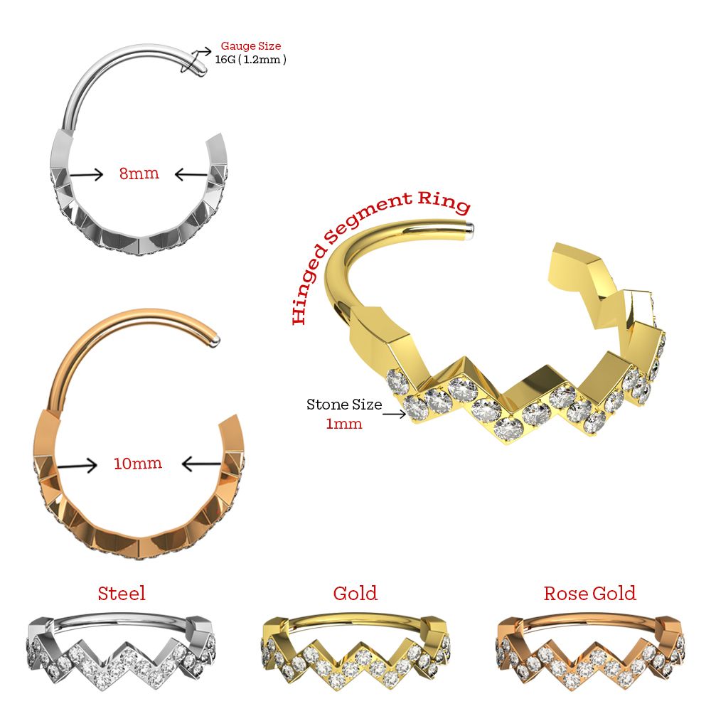 316L Surgical Steel CZ Jewelled Zig Zag Hinged Segment Clicker - Monster Piercing