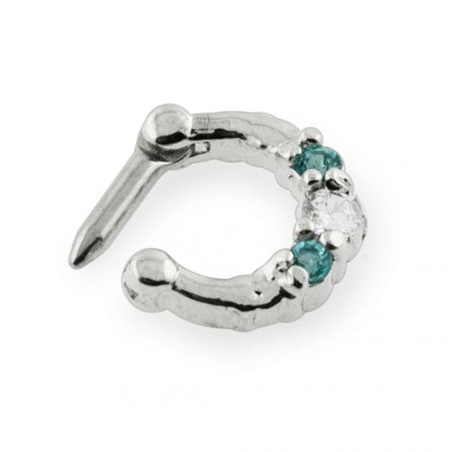 316L Surgical Steel Three Pronged White and Aqua CZs Septum Clicker Ring - Monster Piercing