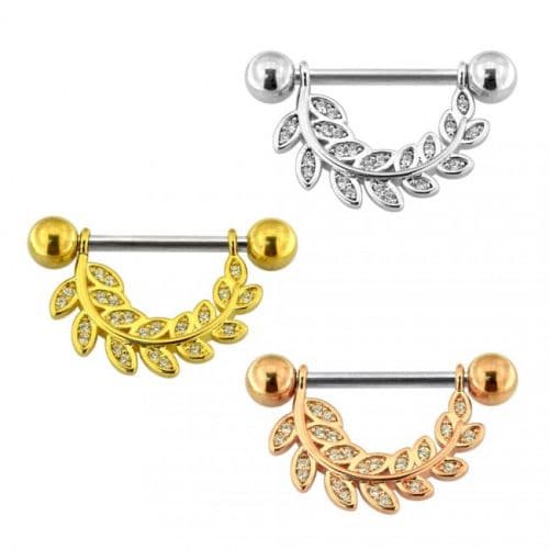 316L Surgical Steel Micro Jewelled Floral Leaf Nipple Bar - Monster Piercing