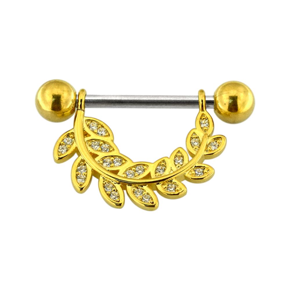 316L Surgical Steel Micro Jewelled Floral Leaf Nipple Bar - Monster Piercing