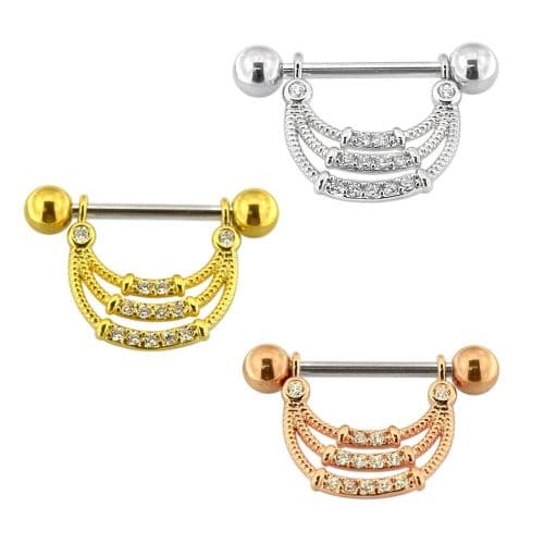 316L Surgical Steel Micro Jewelled Tri Rope Nipple Bar - Monster Piercing