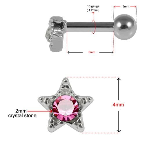 925 Sterling Silver Star CZ Jewelled Cartilage Tragus Piercing Ear Stud - Monster Piercing