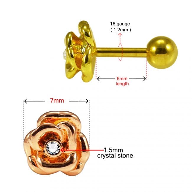 316L Surgical Steel CZ Jewelled Rose Flower Cartilage Ear Stud - Monster Piercing