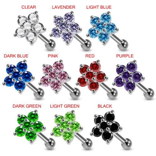 925 Sterling Silver CZ Jewelled Flower Cartilage Ear Stud - Monster Piercing
