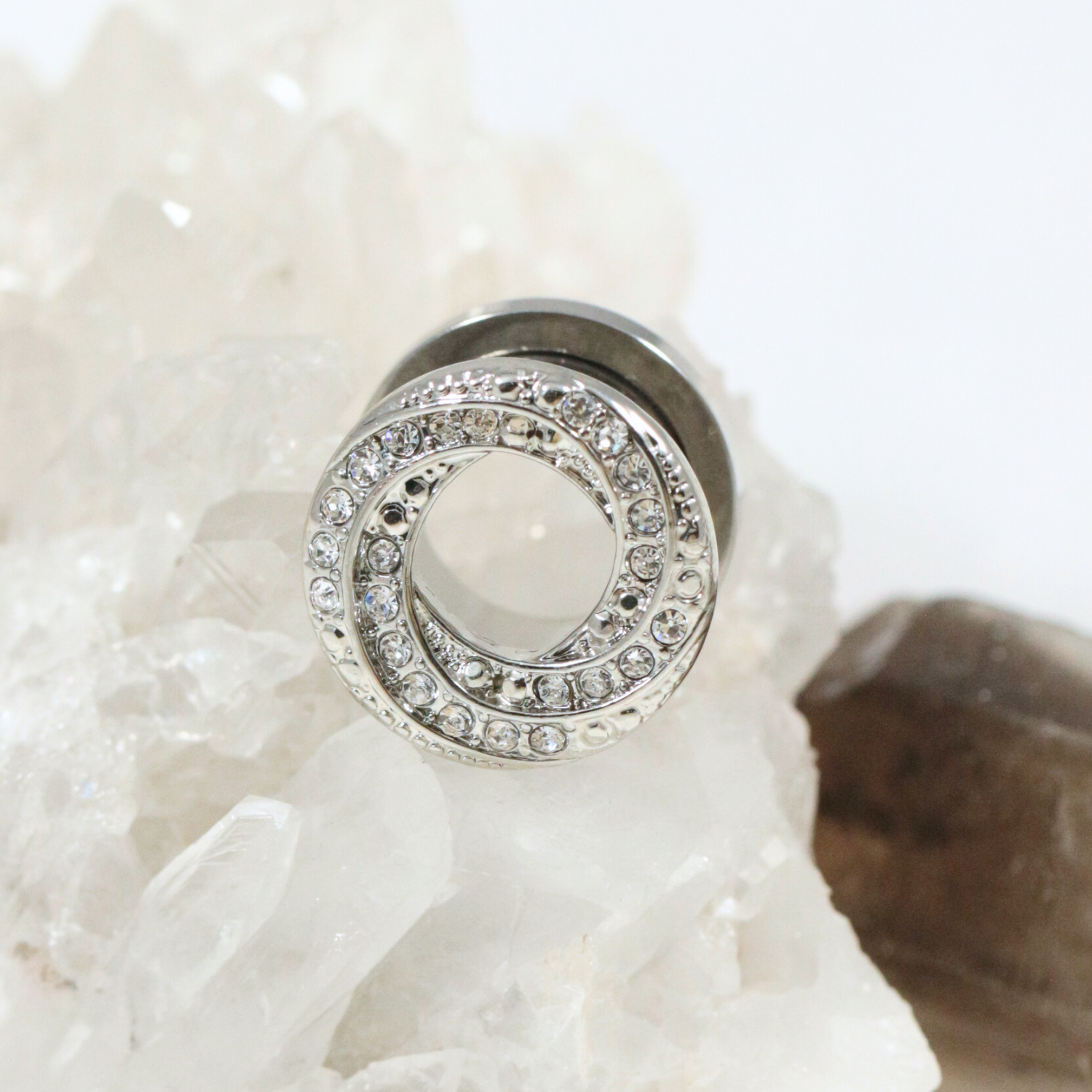 316L Surgical Steel Floral Swirl Micro Jewelled CZ Stone Ear Flesh Tunnel - Monster Piercing